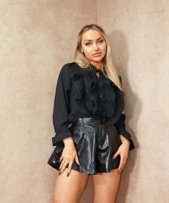 Miss Moda Luxe Black Ruffle Chest Button Up Blouse. -Miss Moda Luxe Shop blackfrilltop scaled