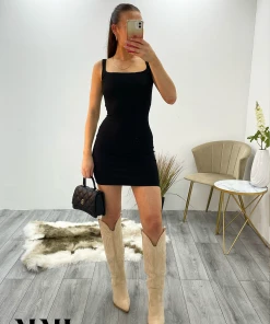 Miss Moda Luxe Black Ribbed Square Neck Mini Dress