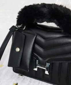 Miss Moda Luxe Black Faux Fur Handle Chevron Quilted Handbag -Miss Moda Luxe Shop blackhermes scaled