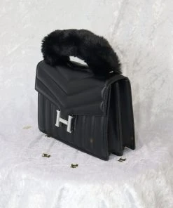 Miss Moda Luxe Black Faux Fur Handle Chevron Quilted Handbag -Miss Moda Luxe Shop blackhermes2 scaled