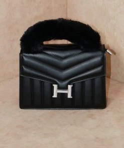 Miss Moda Luxe Black Faux Fur Handle Chevron Quilted Handbag