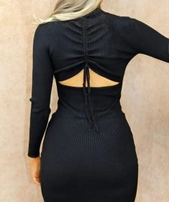 Miss Moda Luxe High Neck Black Ribbed Backless Dress.