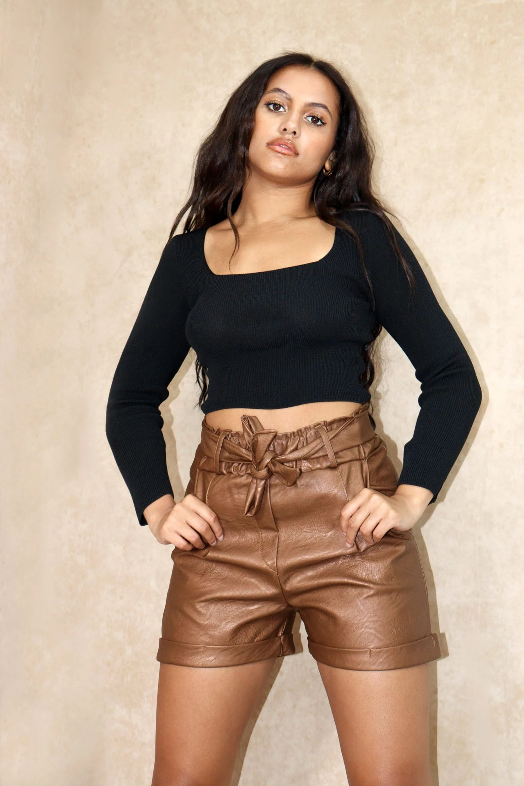 Miss Moda Luxe Tan Faux Leather Paperbag Shorts 4 Miss Moda Luxe Tan Faux Leather Paperbag Shorts - Image 4