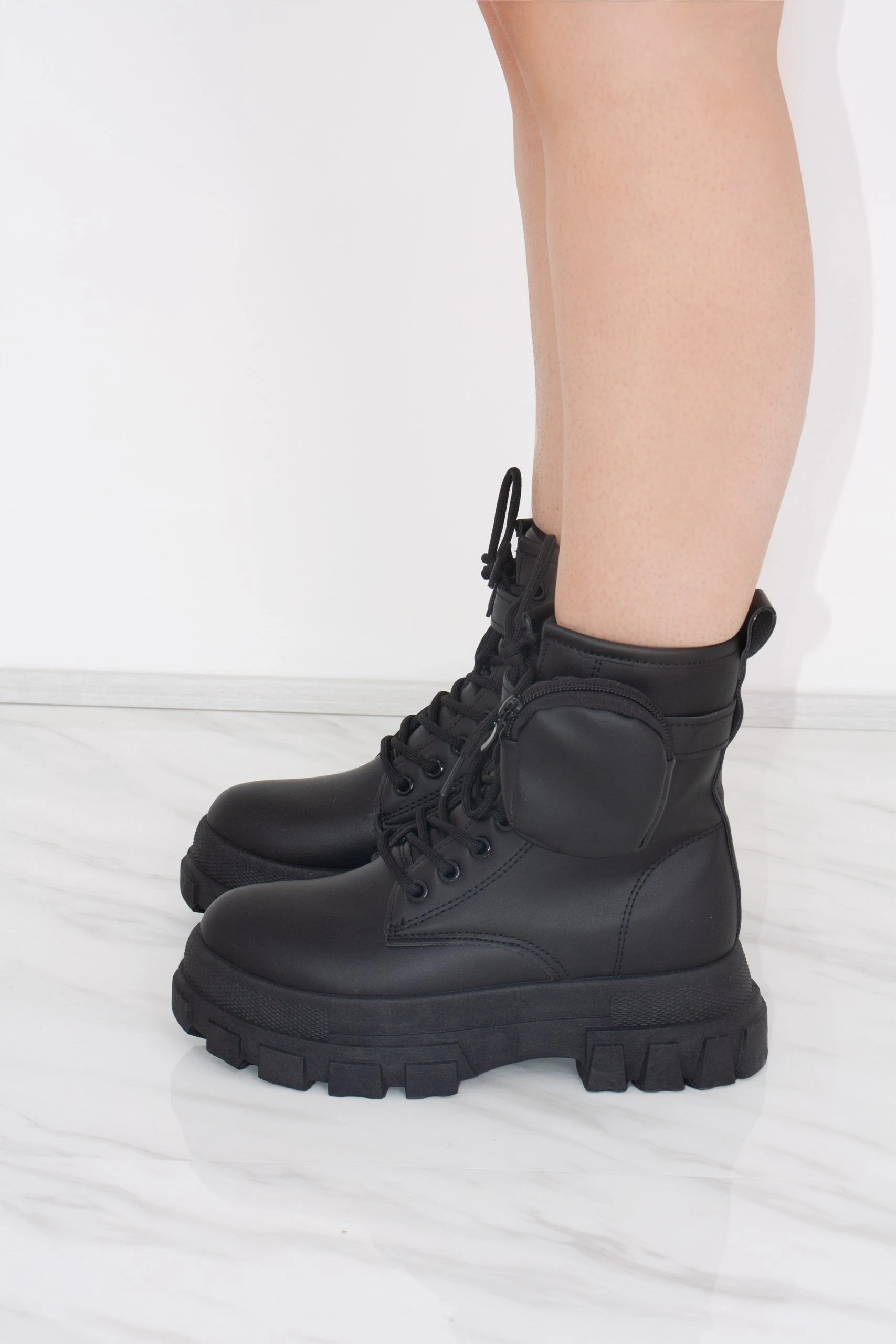 Miss Moda Luxe Black Chunky Matte Faux Leather Platform Boots With Side Pouch 2 Miss Moda Luxe Black Chunky Matte Faux Leather Platform Boots With Side Pouch - Image 2