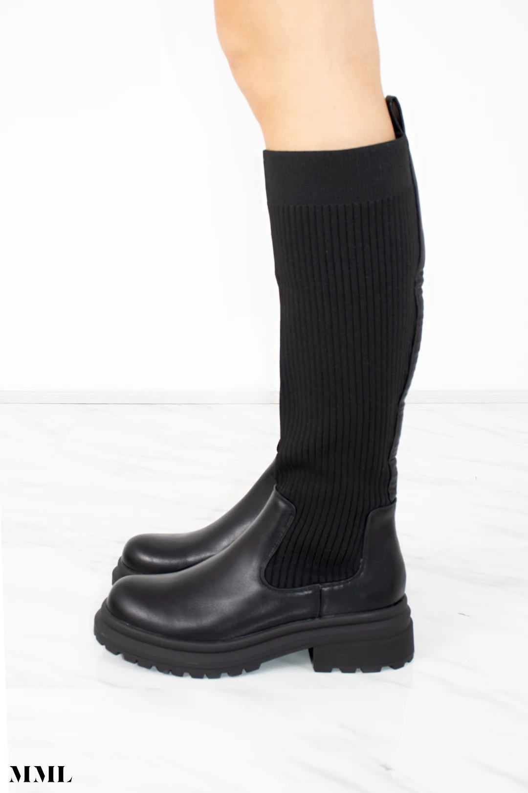 Miss Moda Luxe Black Ribbed Knee High Sock Boot With Leather Detail 3 Miss Moda Luxe Black Ribbed Knee High Sock Boot With Leather Detail - Image 3