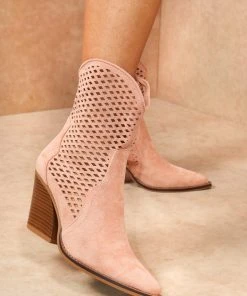 Miss Moda Luxe Pink Classic Faux Suede Cut Out Heeled Cowboy Boot
