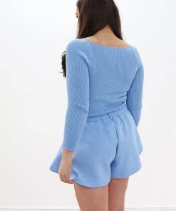 Miss Moda Luxe OUT OF LINE BLUE SQUARE NECK RIBBED KNIT BODYSUIT -Miss Moda Luxe Shop bluebodyback scaled