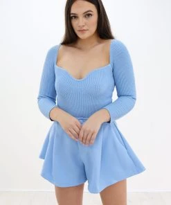Miss Moda Luxe OUT OF LINE BLUE SQUARE NECK RIBBED KNIT BODYSUIT -Miss Moda Luxe Shop bluebodyfront scaled