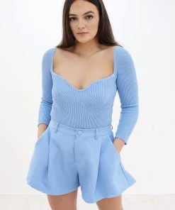 Miss Moda Luxe OUT OF LINE BLUE SQUARE NECK RIBBED KNIT BODYSUIT -Miss Moda Luxe Shop bluebodyside scaled