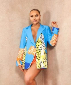 Miss Moda Luxe Blue Premium Cheetah Graphic Print Colour-block Blazer