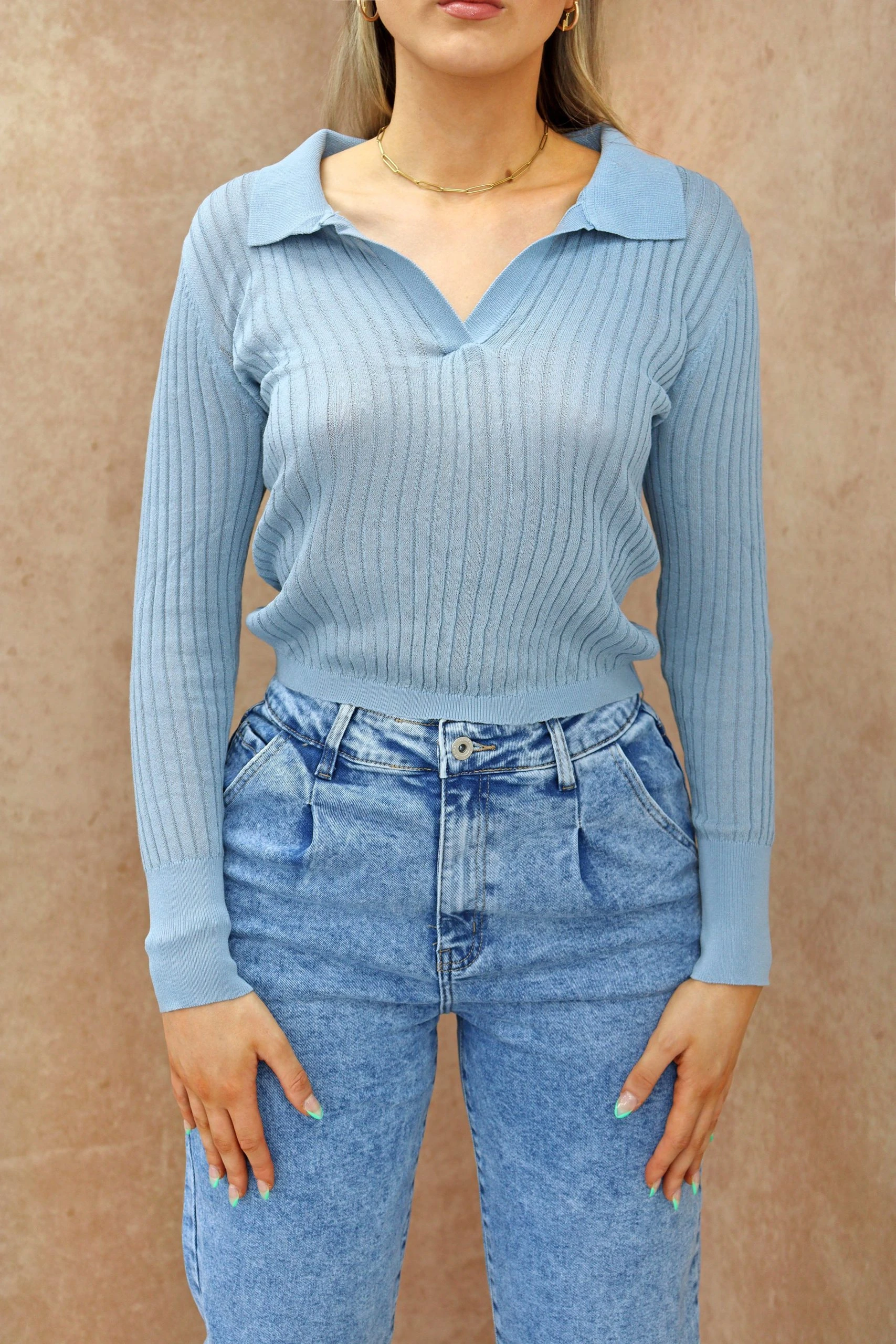 Miss Moda Luxe Blue Ribbed Collar Long-sleeve Top. 2 Miss Moda Luxe Blue Ribbed Collar Long-sleeve Top. - Image 2