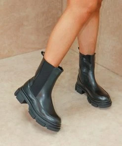 Miss Moda Luxe MADDIE Black Chunky Sole Calf High Chelsea Boots.