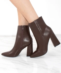 Miss Moda Luxe Brown Pointed Toe Faux Leather Block Heel Ankle Boot