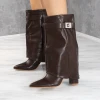 Miss Moda Luxe Brown Faux Leather Fold Over Buckle Shark Boot Mid