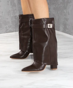 Miss Moda Luxe Brown Faux Leather Fold Over Buckle Shark Boot Mid