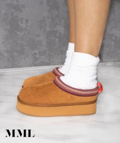 Miss Moda Luxe Camel Tazmin Aztec Detail Faux Fur Lining Platform Slipper