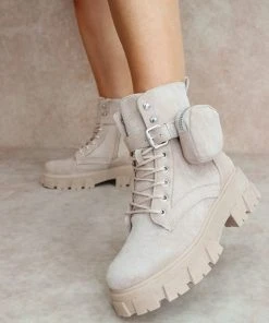 Miss Moda Luxe CIARA Beige Faux Suede Ankle Boot With Pocket Detail