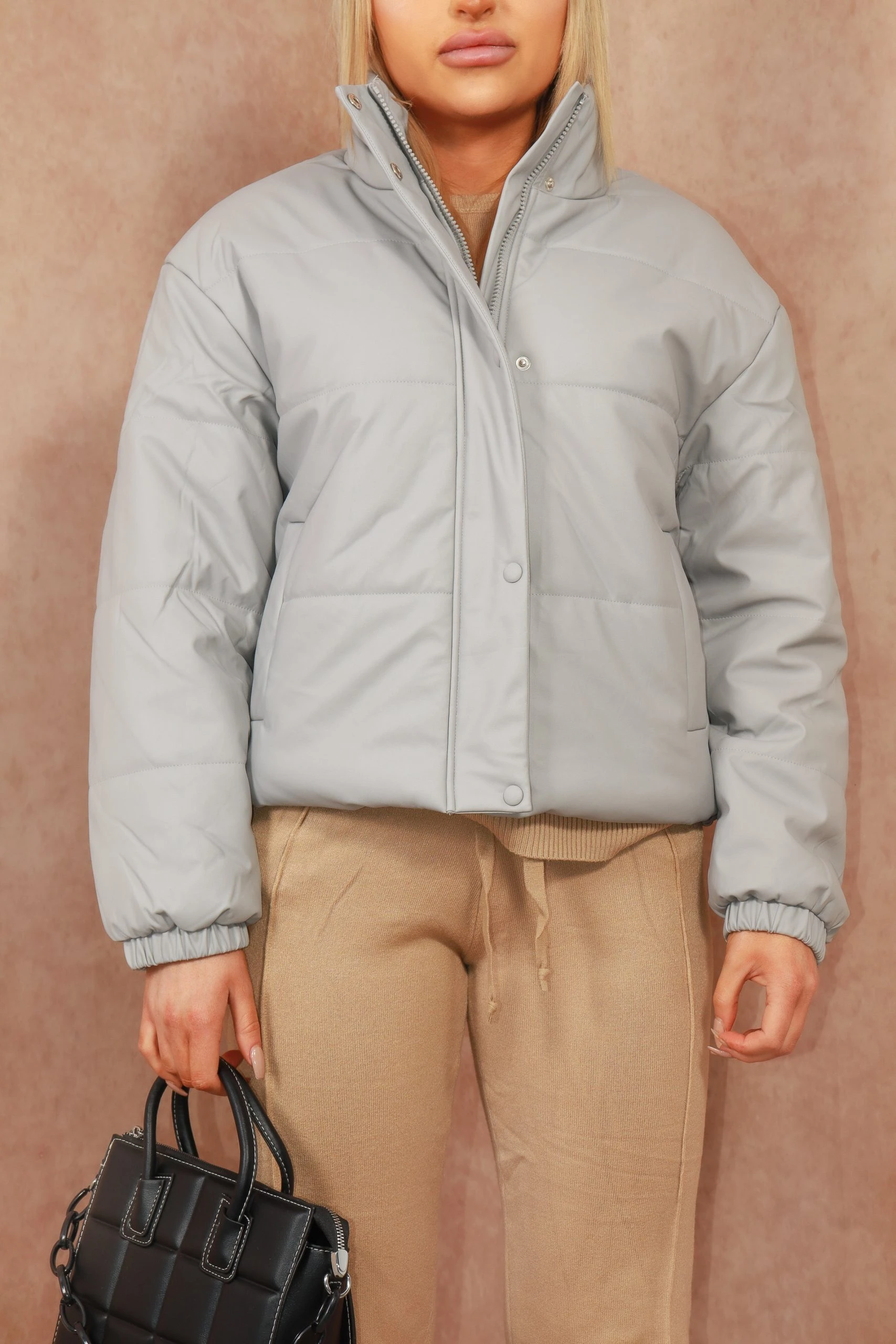 Miss Moda Luxe Grey Cropped Faux Leather Look Puffer Jacket 2 Miss Moda Luxe Grey Cropped Faux Leather Look Puffer Jacket - Image 2