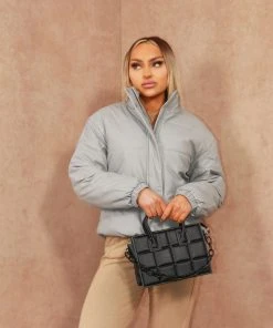 Miss Moda Luxe Grey Cropped Faux Leather Look Puffer Jacket