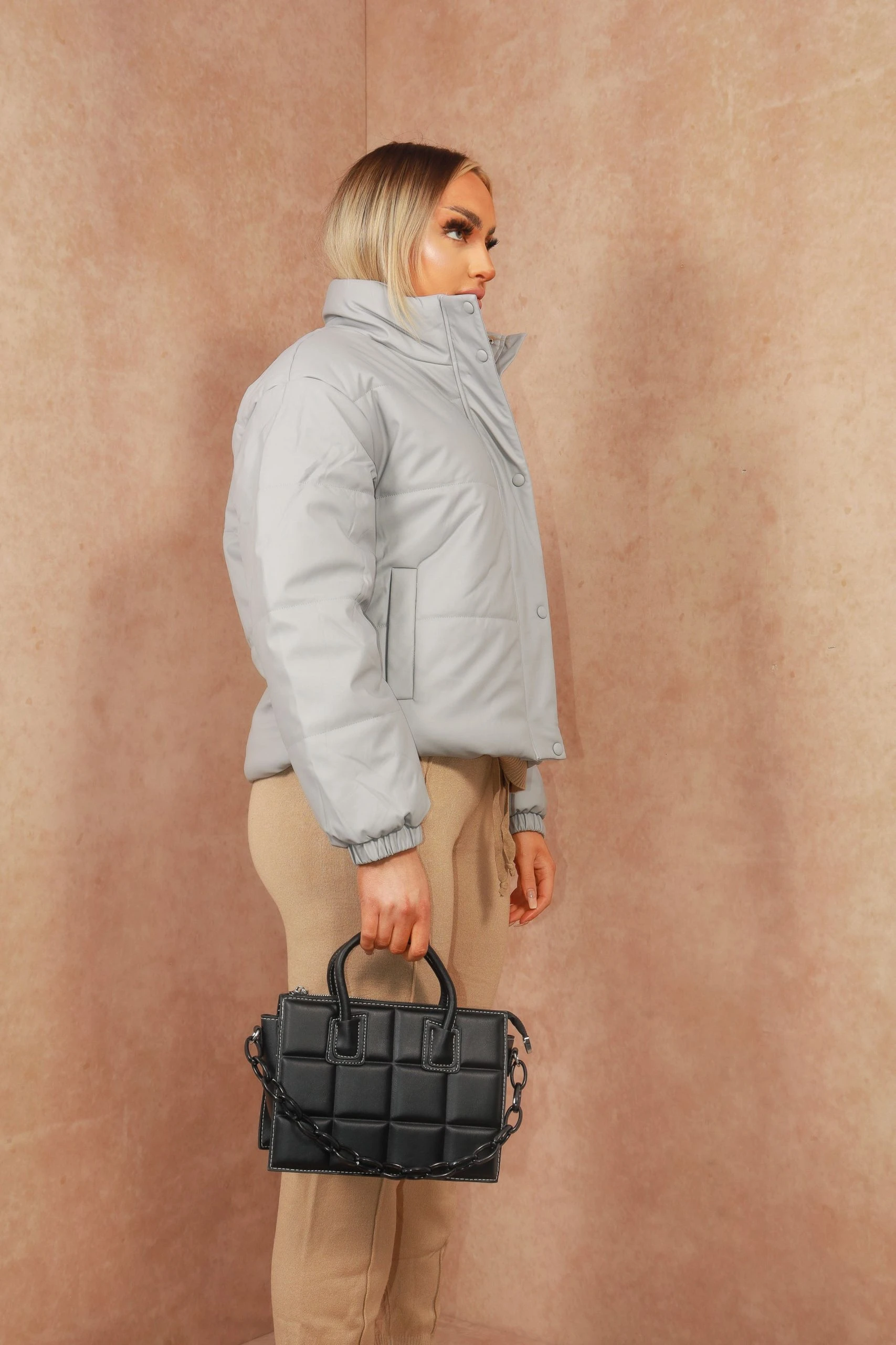 Miss Moda Luxe Grey Cropped Faux Leather Look Puffer Jacket 3 Miss Moda Luxe Grey Cropped Faux Leather Look Puffer Jacket - Image 3