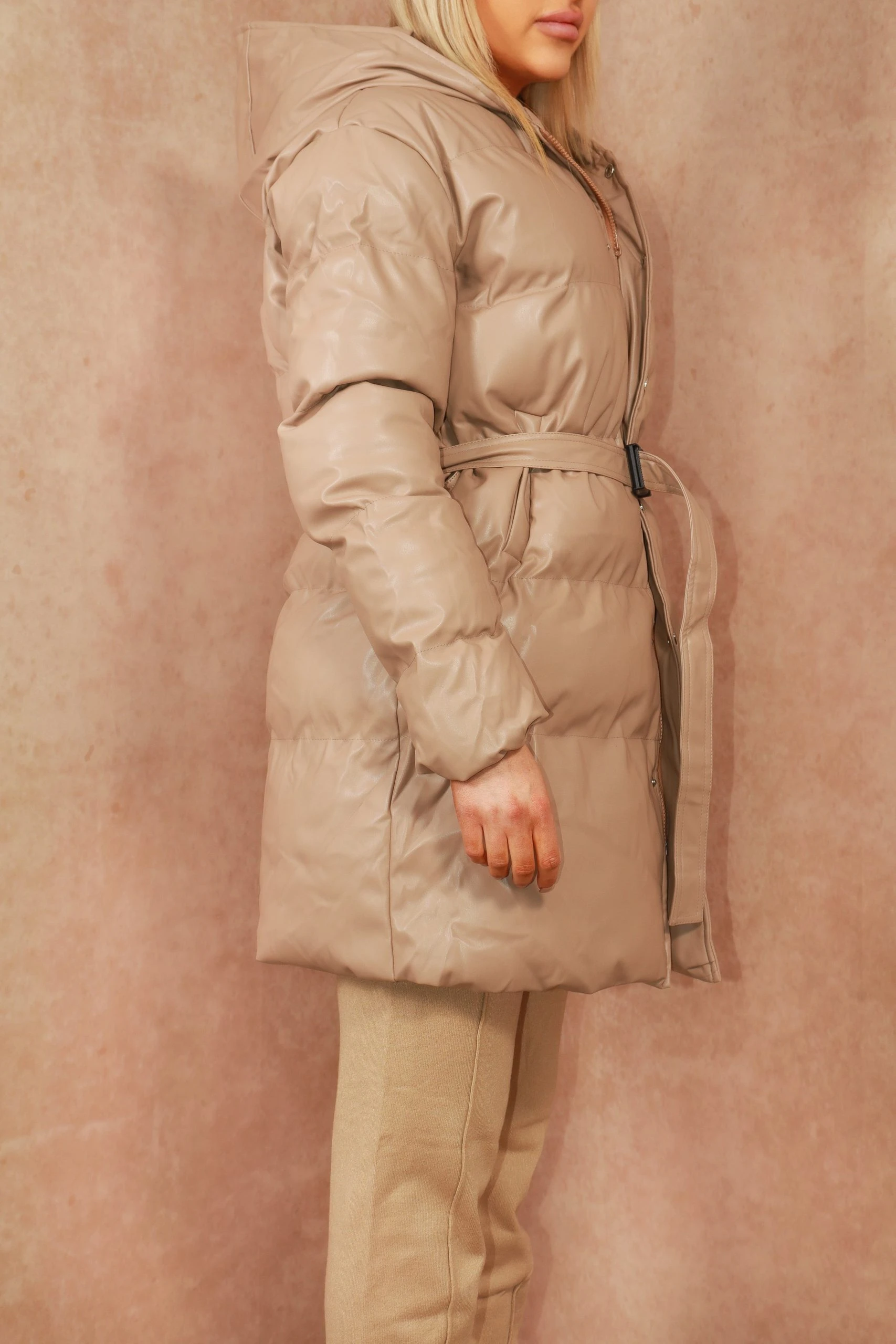 Miss Moda Luxe Beige Faux Leather Tie Oversized Midi Length Puffer Jacket 3 Miss Moda Luxe Beige Faux Leather Tie Oversized Midi Length Puffer Jacket - Image 3