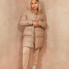 Miss Moda Luxe Beige Faux Leather Tie Oversized Midi Length Puffer Jacket