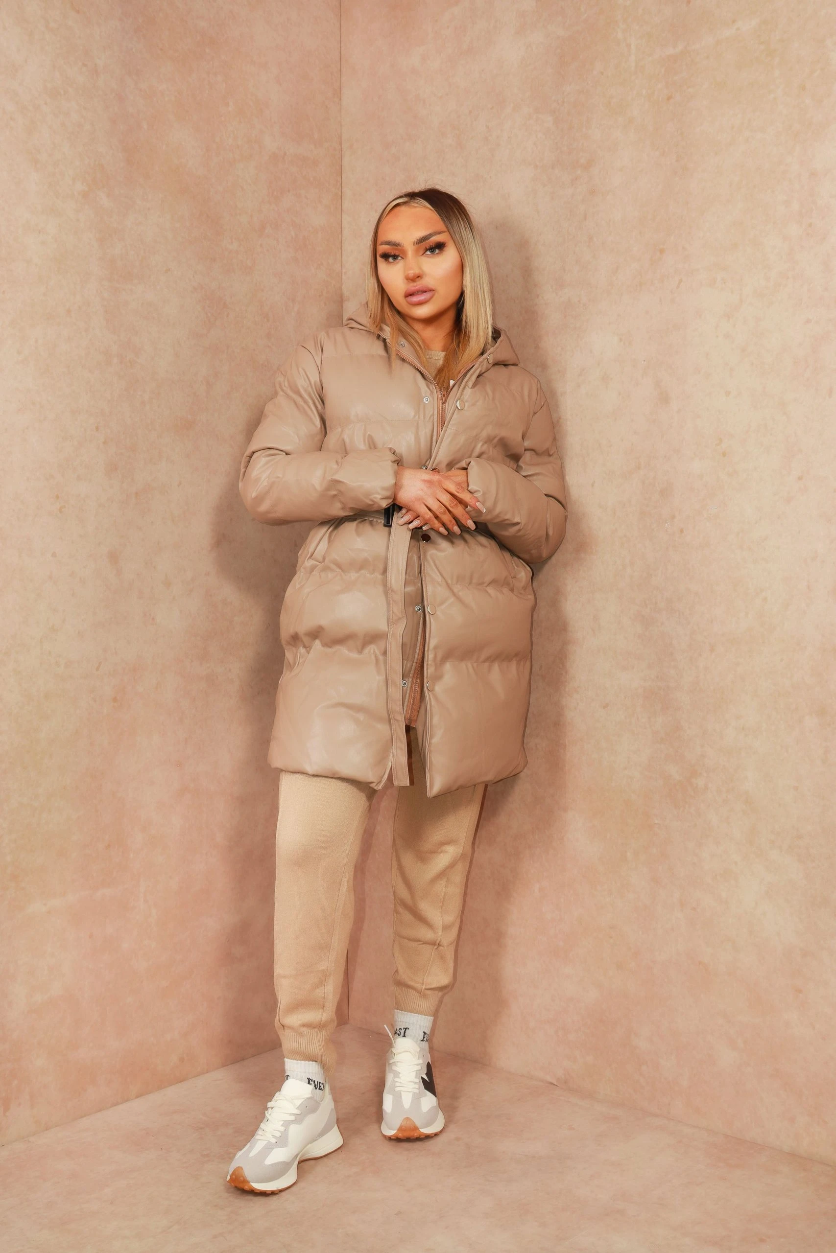 Miss Moda Luxe Beige Faux Leather Tie Oversized Midi Length Puffer Jacket 1 Miss Moda Luxe Beige Faux Leather Tie Oversized Midi Length Puffer Jacket