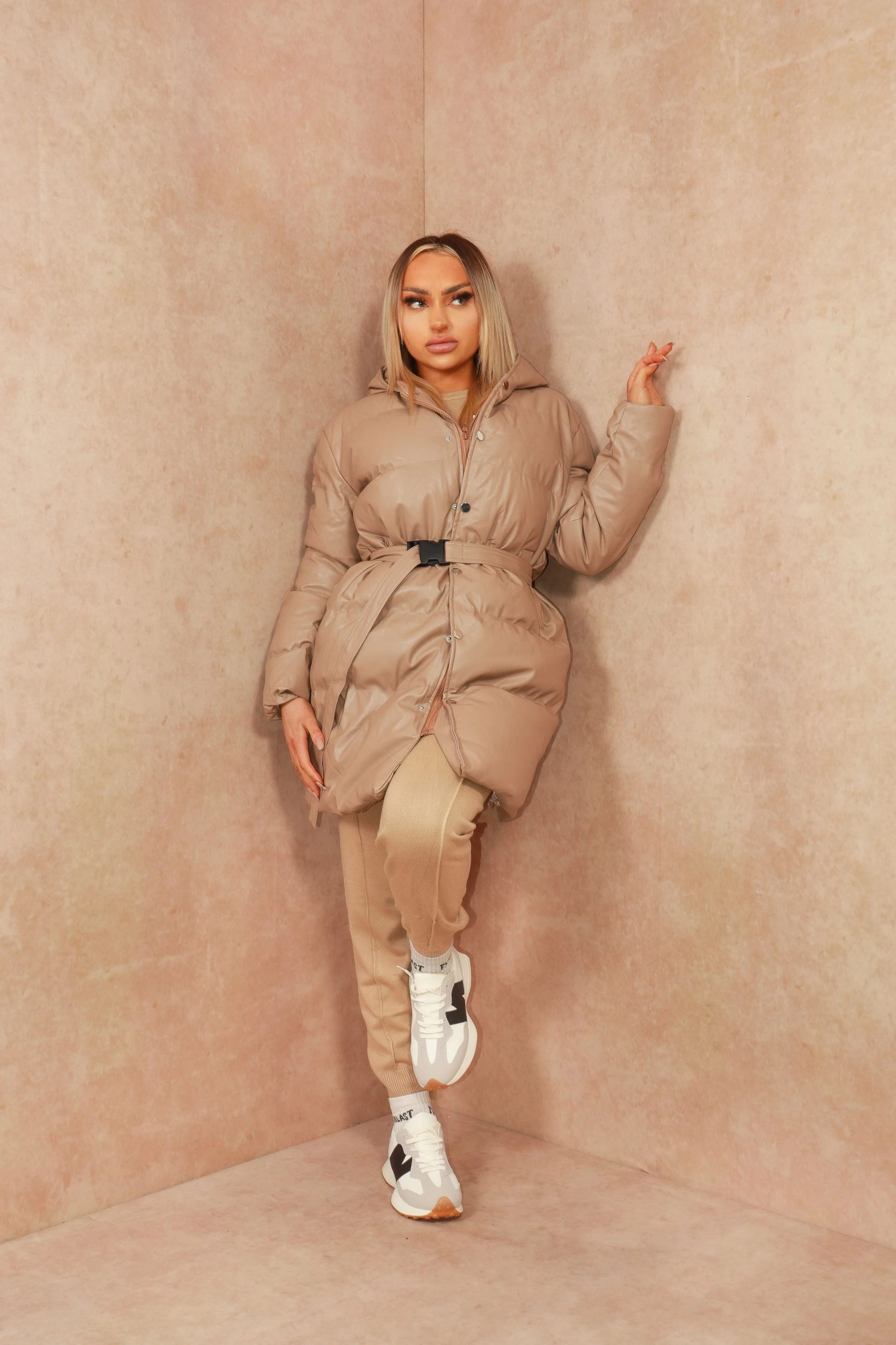 Miss Moda Luxe Beige Faux Leather Tie Oversized Midi Length Puffer Jacket 2 Miss Moda Luxe Beige Faux Leather Tie Oversized Midi Length Puffer Jacket - Image 2