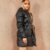 Miss Moda Luxe Black Faux Leather Tie Oversized Midi Length Puffer Jacket
