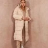 Miss Moda Luxe Beige Long-line Padded Puffer Jacket