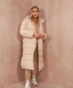 Miss Moda Luxe Beige Long-line Padded Puffer Jacket
