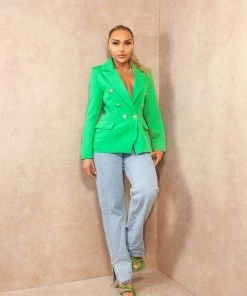 Miss Moda Luxe Green Premium Structured Gold Button Detailed Blazer