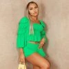 Miss Moda Luxe Boho Green Bardot Cheese-cloth Long-Sleeve Short Set