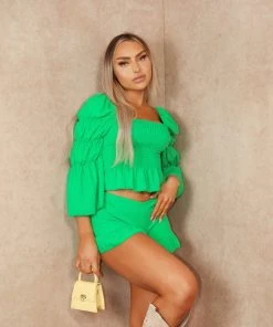 Miss Moda Luxe Boho Green Bardot Cheese-cloth Long-Sleeve Short Set