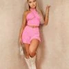 Miss Moda Luxe Pink Cheesecloth Halterneck Short And Crop Top Set