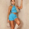 Miss Moda Luxe Blue Cheesecloth Halterneck Short And Crop Top Set