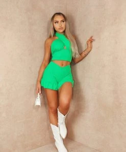 Miss Moda Luxe Green Cheesecloth Halterneck Short And Crop Top Set