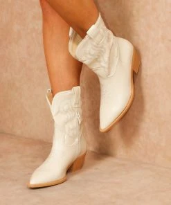 Miss Moda Luxe Cream PU Faux Leather Ankle Length Cowboy Boot