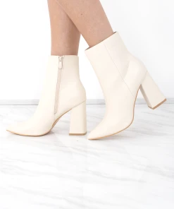 Miss Moda Luxe Cream Pointed Toe Faux Leather Block Heel Ankle Boot