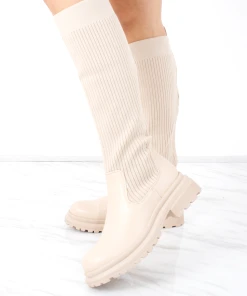 Miss Moda Luxe Beige Ribbed Knee High Sock Boot With Leather Detail