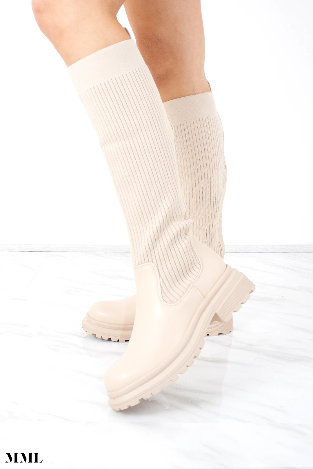 Miss Moda Luxe Beige Ribbed Knee High Sock Boot With Leather Detail 1 Miss Moda Luxe Beige Ribbed Knee High Sock Boot With Leather Detail