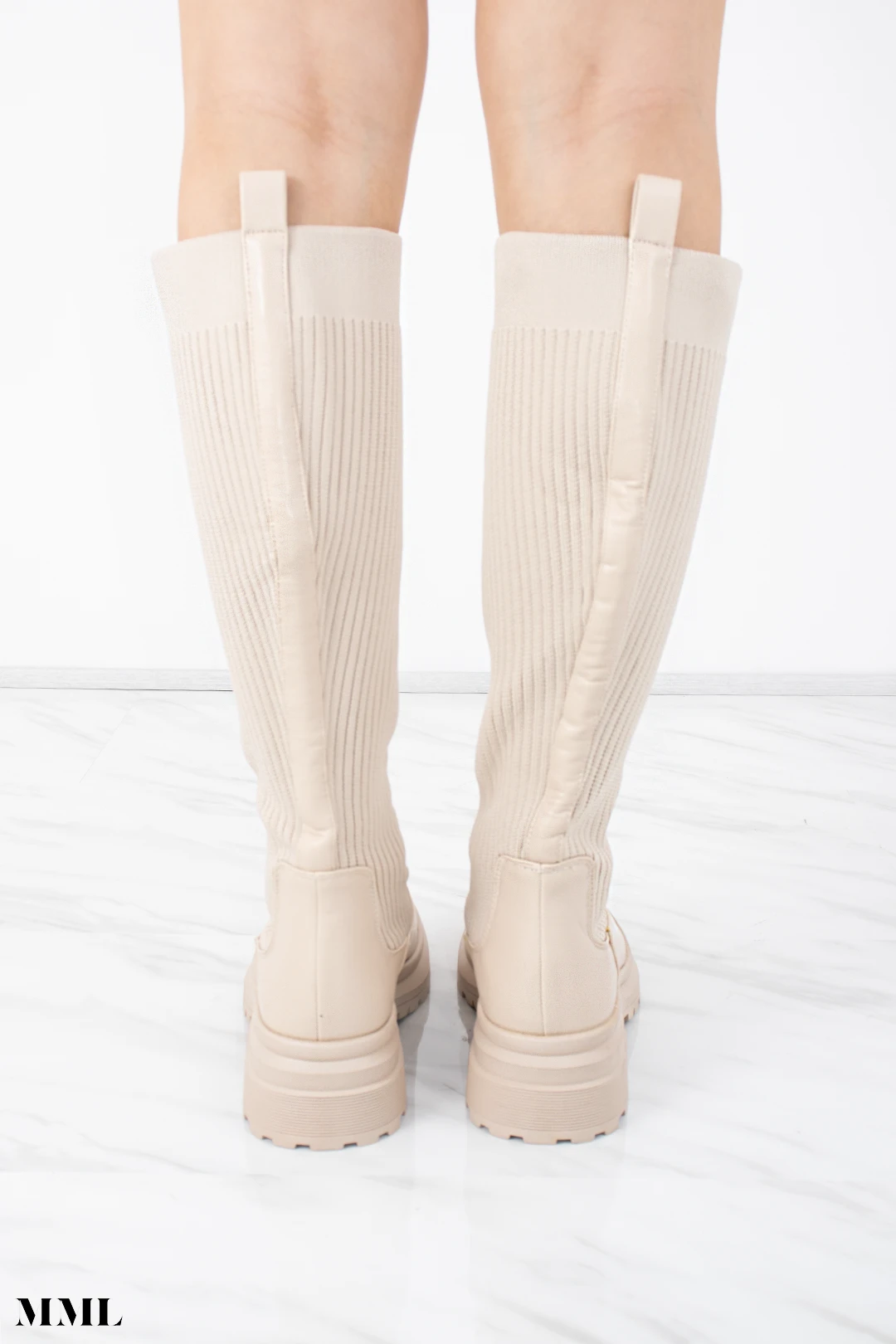 Miss Moda Luxe Beige Ribbed Knee High Sock Boot With Leather Detail 4 Miss Moda Luxe Beige Ribbed Knee High Sock Boot With Leather Detail - Image 4