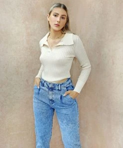 Miss Moda Luxe Beige Ribbed Collar Long-sleeve Top. -Miss Moda Luxe Shop creamcollarcrop scaled