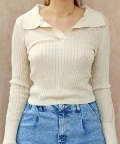 Miss Moda Luxe Beige Ribbed Collar Long-sleeve Top. -Miss Moda Luxe Shop creamcollarcrop4 scaled