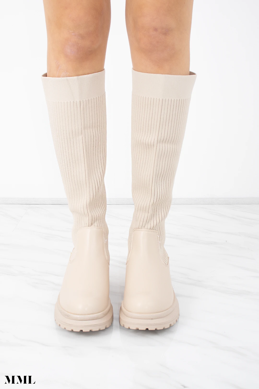 Miss Moda Luxe Beige Ribbed Knee High Sock Boot With Leather Detail 2 Miss Moda Luxe Beige Ribbed Knee High Sock Boot With Leather Detail - Image 2