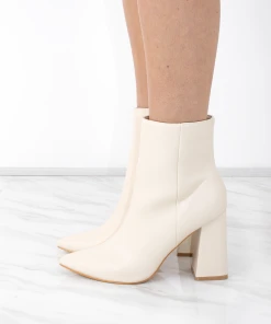 Miss Moda Luxe Cream Pointed Toe Faux Leather Block Heel Ankle Boot -Miss Moda Luxe Shop creamside