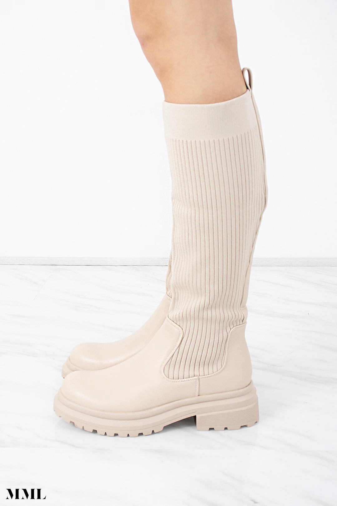 Miss Moda Luxe Beige Ribbed Knee High Sock Boot With Leather Detail 3 Miss Moda Luxe Beige Ribbed Knee High Sock Boot With Leather Detail - Image 3