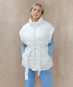 Miss Moda Luxe Off White Cuffed Longline Puffer Gilet