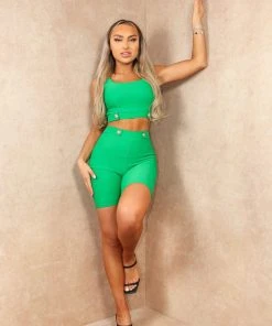Miss Moda Luxe Green Sculpting Crop Top Gold Button Detailed Short Set