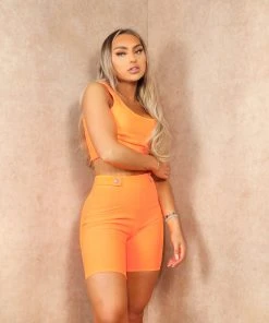 Miss Moda Luxe Neon Orange Sculpting Crop Top Gold Button Detailed Short Set -Miss Moda Luxe Shop festival 19 scaled